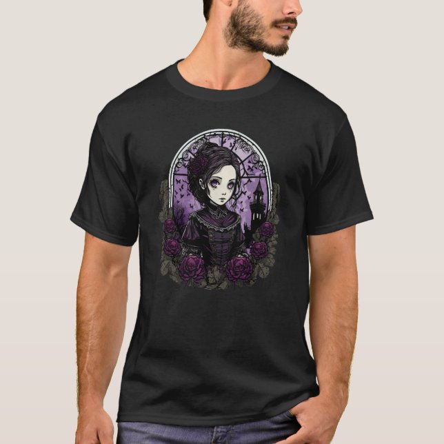 Dark Gothic Chibi Style Doll Purple Roses T-Shirt (Vorderseite)