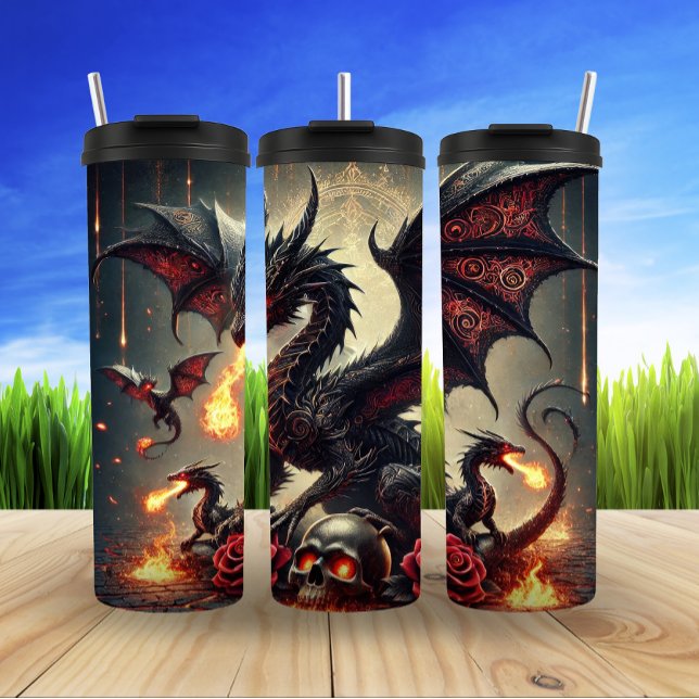 Dark Gothic Dragon mit fiery Wings Thermosbecher (Von Creator hochgeladen)