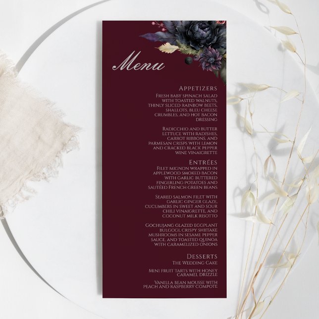 Dark Gothic Floral Burgundy Wedding Flat Menu Menükarte (Von Creator hochgeladen)