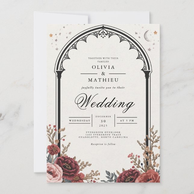 Dark Gothic Floral Romance Wedding Einladung (Vorderseite)