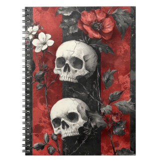 Dark Gothic Floral Skulls Red & Black Stripe Notizblock