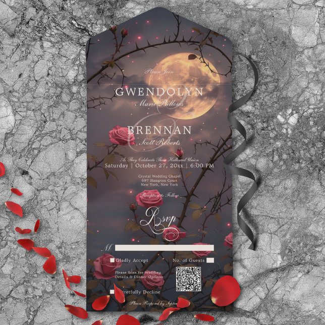 Dark Gothic Full Moon & Blood Rote Rosen QR Code All In One Einladung (Dark Gothic Full Moon & Blood Red Roses QR Code All In One Invitation)