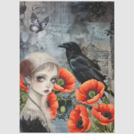 Dark Gothic Girl Raven Red Poppies Abstrakte Kunst Seidenpapier