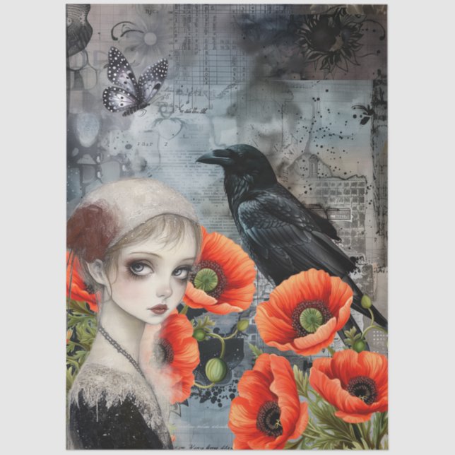 Dark Gothic Girl Raven Red Poppies Abstrakte Kunst Seidenpapier (Vorderseite)