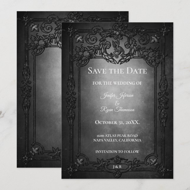 Dark Gothic Halloween wedding save the date Ankündigung (Vorne/Hinten)