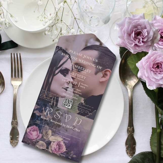 Dark Gothic Lila Lavendel Floral QR Code Foto All In One Einladung (Von Creator hochgeladen)