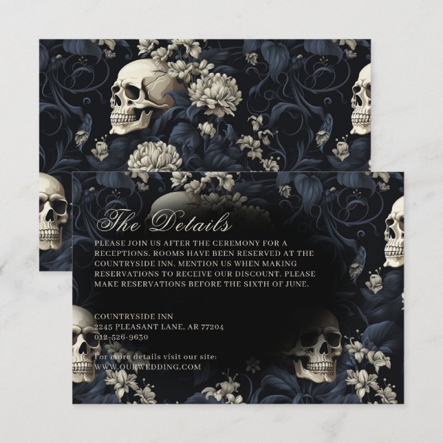 Dark Gothic Moody Skulls & Blume Hochzeit Begleitkarte (Vorne/Hinten)