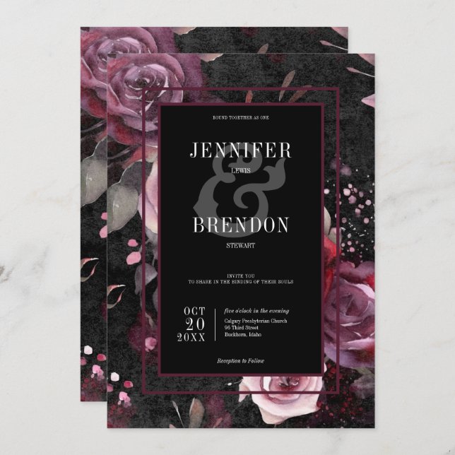 Dark Gothic Pink Burgundy & Black Floral Einladung (Vorne/Hinten)