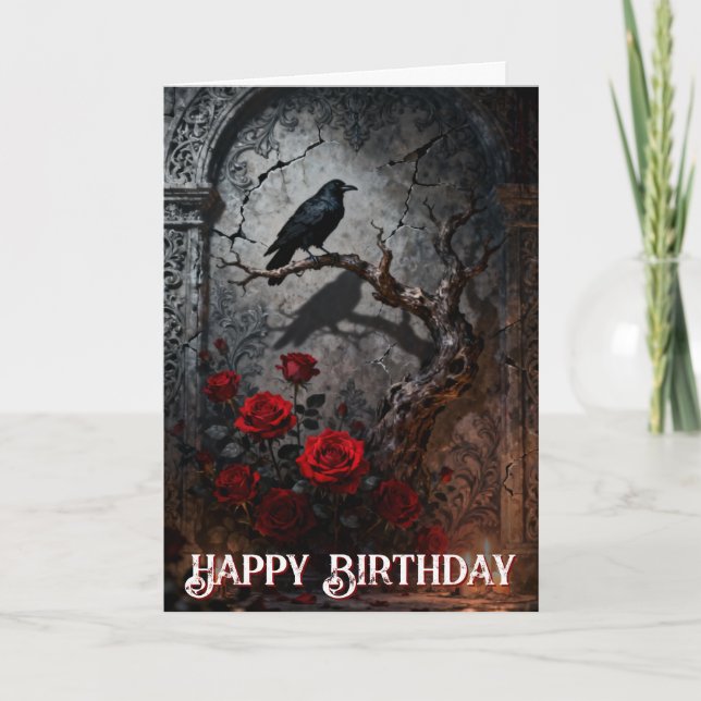 Dark Gothic Raven and Roses Mural Birthday Karte (Vorderseite)