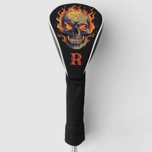 Dark Gothic Skull in Flames Monogram Initial Golf Headcover (Vorderseite)
