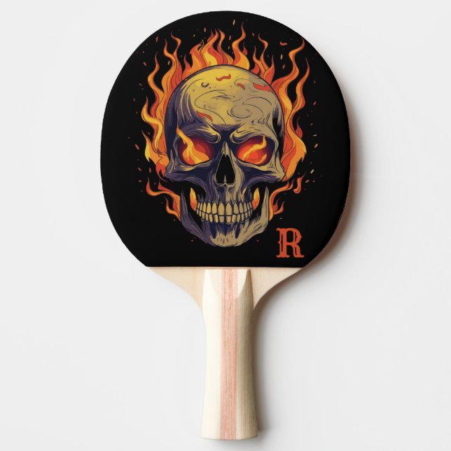 Dark Gothic Skull in Flames Monogram Initial Tischtennis Schläger (Vorderseite)