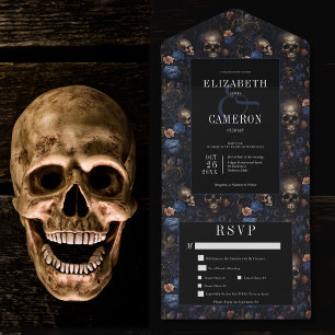 Dark Gothic Vintag Blue Floral & Skulls Abendessen All In One Einladung