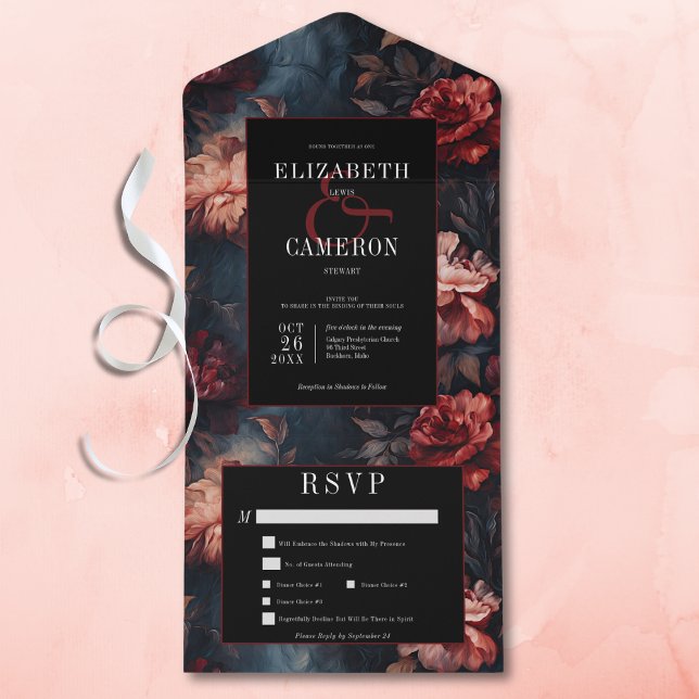 Dark Gothic Vintag Red & Pink Floral Dinner All In One Einladung (Dark Gothic Vintage Red & Pink Floral All in One Wedding Invitation with Dinner Options)