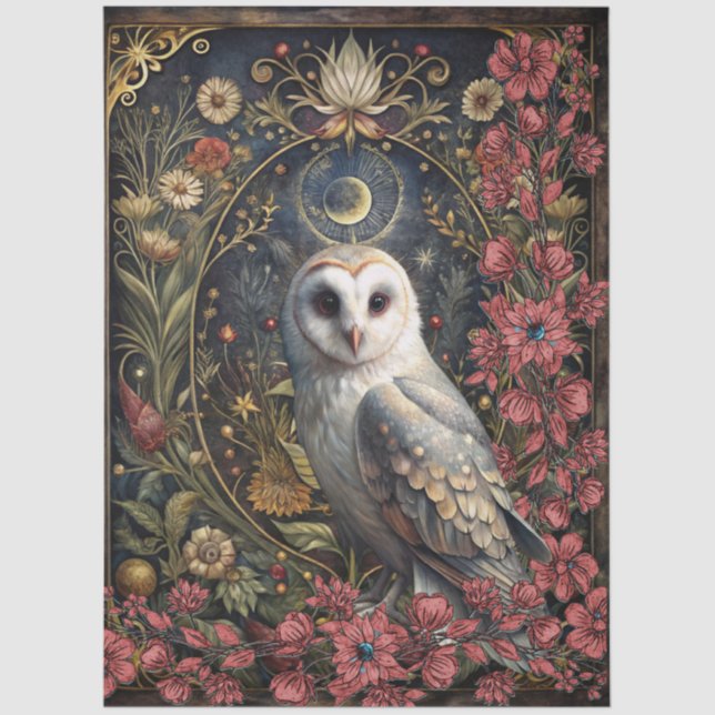 Dark Gothic White Owl Floral Abstract Art  Seidenpapier (Vorderseite)