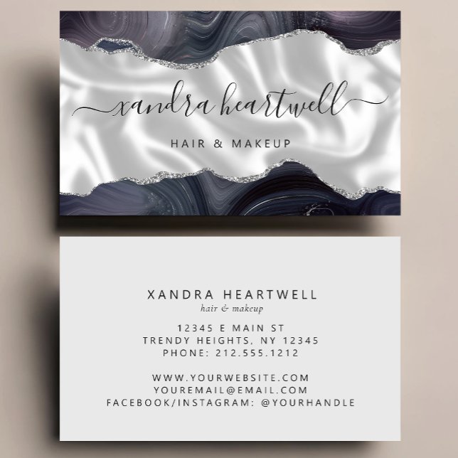 Dark Gray Agate Silver Glitter Luxury Stylist Visitenkarte (Von Creator hochgeladen)