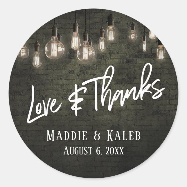 Dark Gray Bricks Edison Lights Liebe & Danke Runder Aufkleber (Vorderseite)