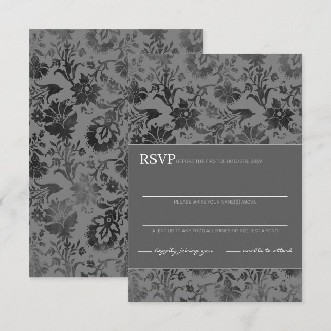 Dark Gray Floral RSVP Karte (Vorne/Hinten)