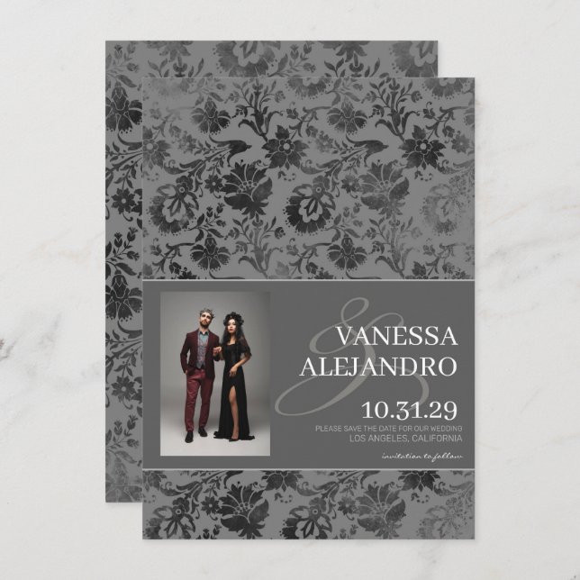 Dark Gray Floral Save The Date (Vorne/Hinten)