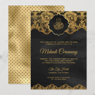 Dark Gray Gold Foil Lace Islamic Mehndi Einladung
