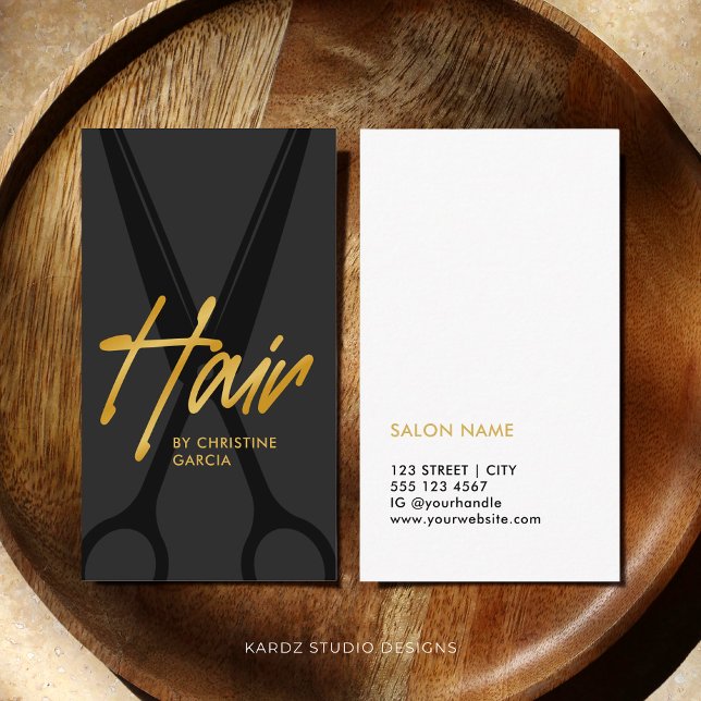 Dark Gray Gold Hair Stylist Salon Visitenkarte (This hair stylist card is shown in 3.5 x 2 inches. The golden color is a Faux Gold effect.)