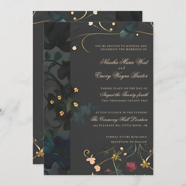 Dark Gray Gothic Boho Abstrakt Floral Wedding Invi Einladung (Vorne/Hinten)
