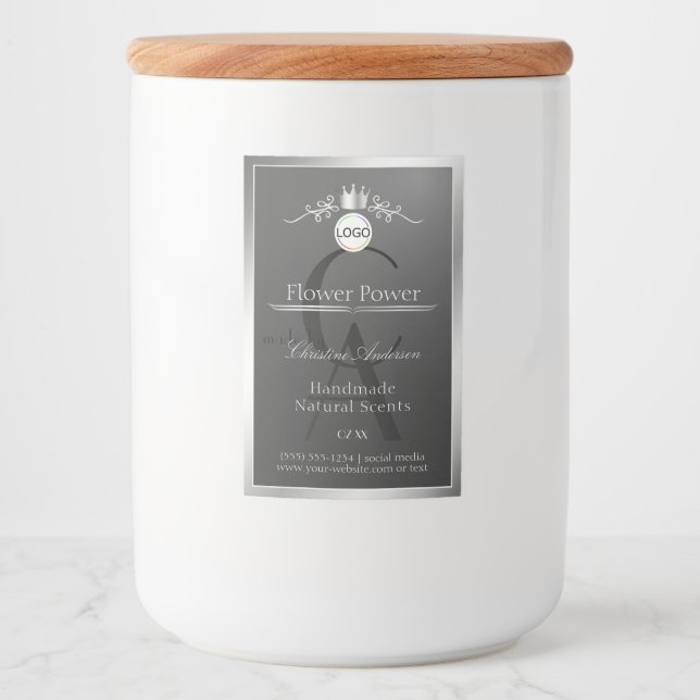 Dark Gray Product Label Silver Frame Logo Monogram Lebensmitteletikett (Vorderseite)