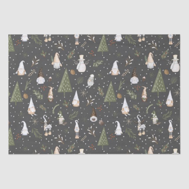 Dark Gray Snowy Forest Christmas Gnomes Muster Seidenpapier (Vorderseite)