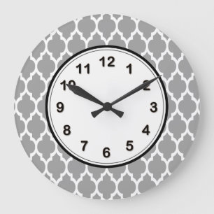 Dark Gray White Moroccan Quatrefoil Pattern #4 Große Wanduhr