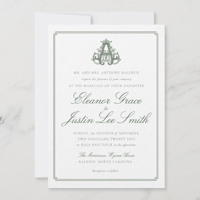 Dark Green "A" Monogram Wedding Invitation Einladung (Vorderseite)
