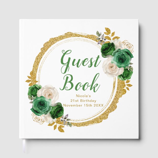 Dark Green and Gold Elegant Flowers Birthday Party Gästebuch (Vorderseite)