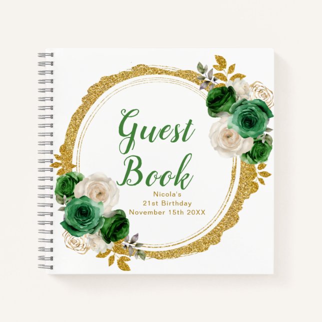 Dark Green and Gold Elegant Flowers Birthday Party Notizbuch (Vorderseite)