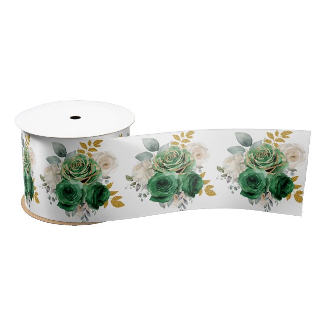 Dark Green and Gold Elegant Flowers Satinband (Spule)
