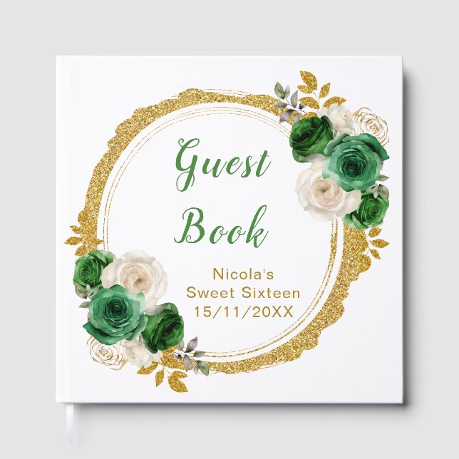 Dark Green and Gold Elegant Flowers Sweet Sixteen Gästebuch (Vorderseite)