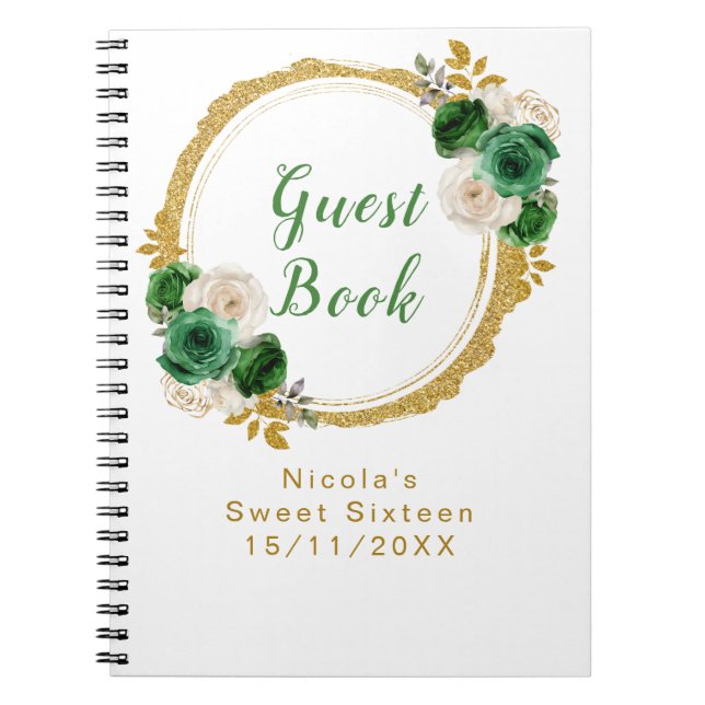 Dark Green and Gold Elegant Flowers Sweet Sixteen Notizblock (Vorderseite)