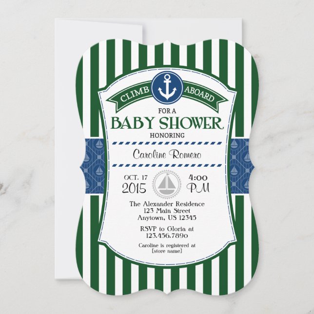 Dark Green Blue Nautical Baby Dusche Einladung (Vorderseite)