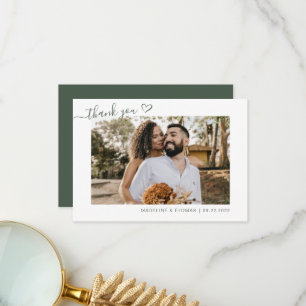 Dark Green Boho Simple Foto Heart Script Wedding Dankeskarte
