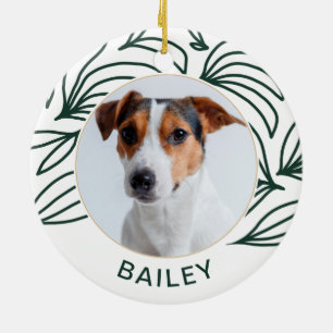 Dark Green Botanical Dog Foto und Name Christmas Keramik Ornament