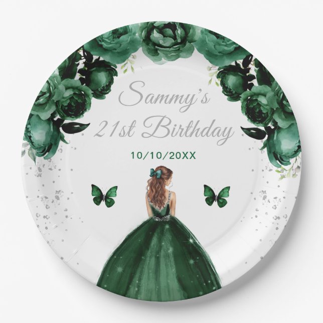 Dark Green Brown Haar Prinzessin Birthday Party Pappteller (Vorderseite)