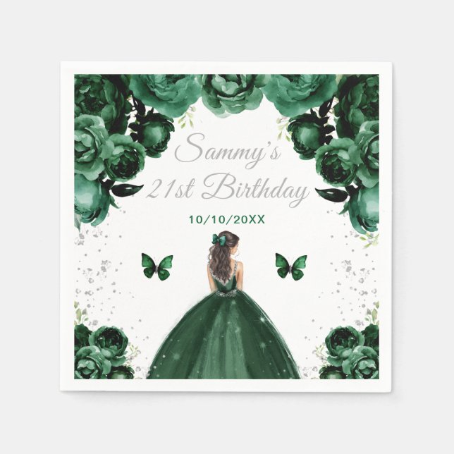 Dark Green Brünett Hair Princess Birthday Party Serviette (Vorderseite)
