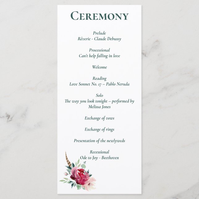 Dark Green, Burgundy & Blush Boho Floral Program Programm (Vorderseite)