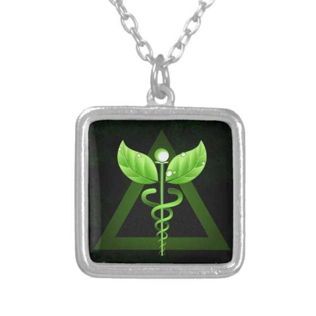 Dark Green Caduceus Alternative Medicine Emblem Versilberte Kette (Vorderseite)