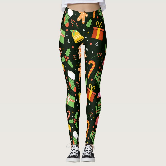 Dark Green Christmas Abstrakt Pattern Leggings (Vorderseite)