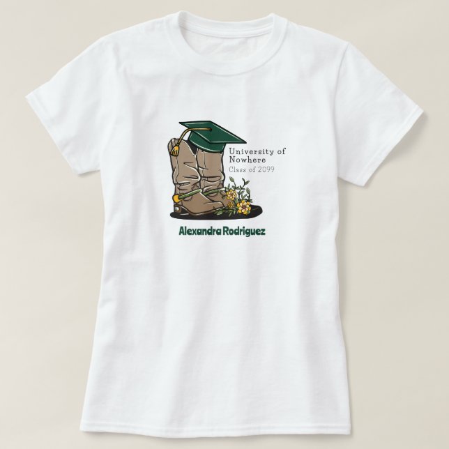 Dark Green Cowboy Boot Graduation Cap & Blume T-Shirt (Design vorne)