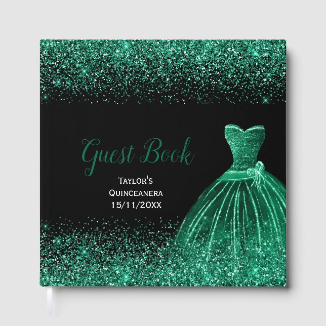 Dark Green Dress Faux Glitter Quinceanera Gästebuch (Vorderseite)