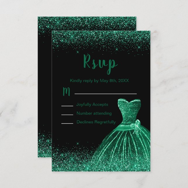 Dark Green Dress Faux Glitter Sweet 16 Birthday RSVP Karte (Vorne/Hinten)