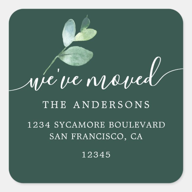 Dark Green Eucalyptus We’ve Moved New Address Quadratischer Aufkleber (Vorderseite)