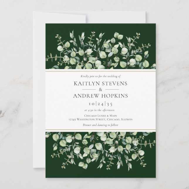 Dark Green Eucalyptus Wedding Einladung (Vorderseite)
