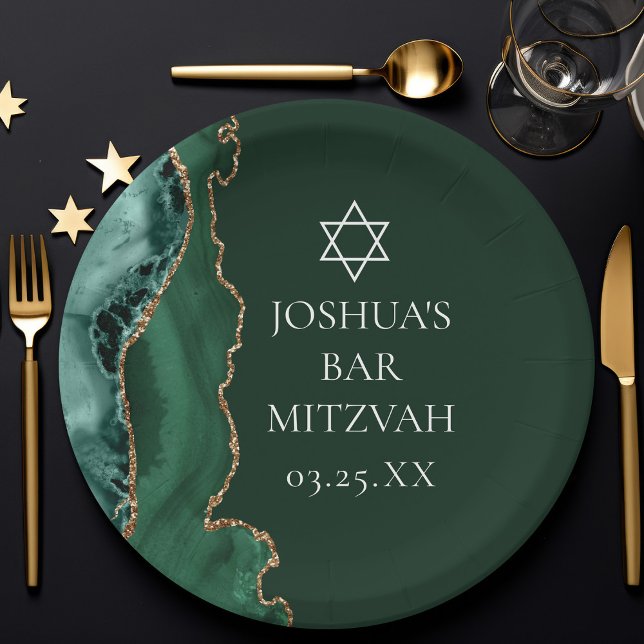 Dark Green Gold Agate Bar Mitzvah Party Pappteller (Von Creator hochgeladen)