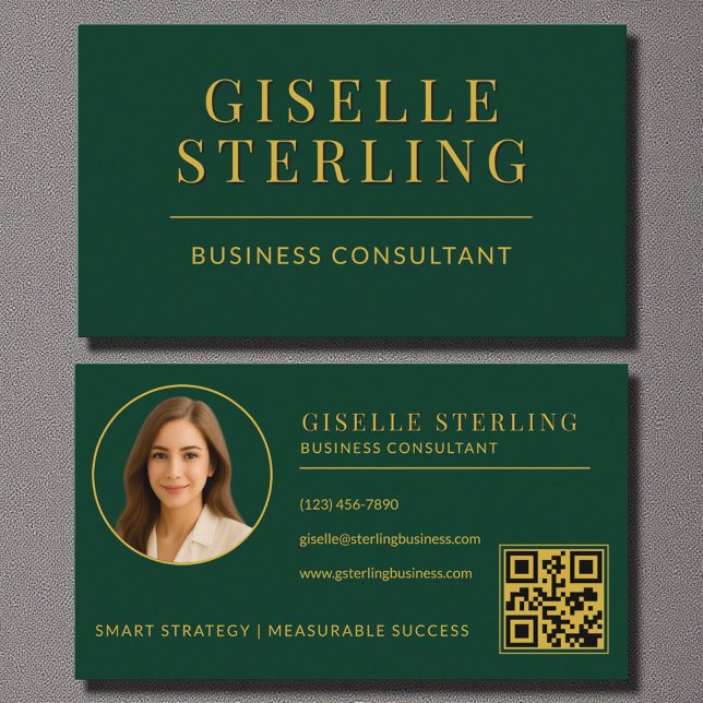 Dark Green Gold Business Consultant Foto QR Code Visitenkarte (Von Creator hochgeladen)