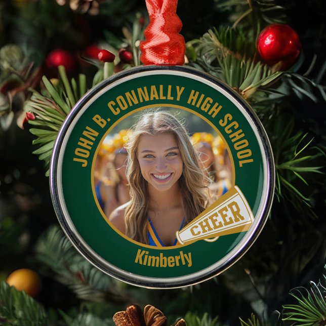 Dark Green Gold Cheerleader Photo Christmas Ornament Aus Metall (Von Creator hochgeladen)